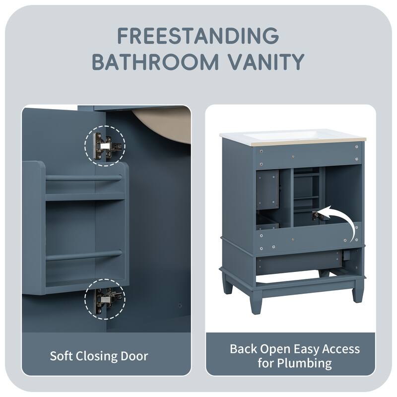 24" Bathroom Vanity with Sink and Drawers, with Ceramic Top and Storage Shelves, Modern Sink Cabinet for Small Bathrooms