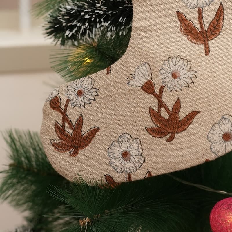 Fabdivine Handmade Linen Floral Block Print Christmas Stocking Home Décor Perfect for Gift - 10"X4.5" - Kirti- White, Brown