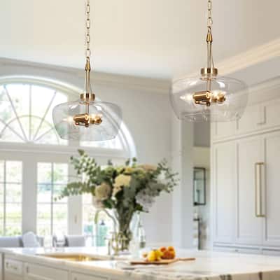Zelena Modern Farmhouse Gold Chandelier Glass Drum Pendant Light for Dining Room