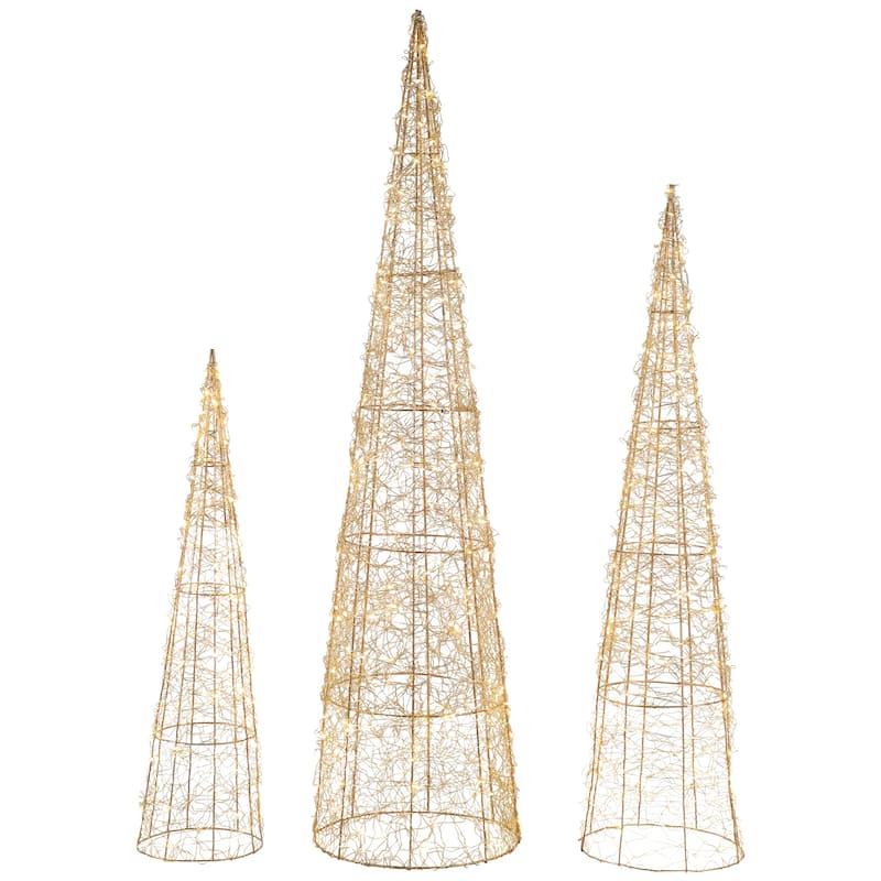 3 LED Twinkle Lighted Copper Mesh Cone Trees Christmas Decor 39.5" - Brown