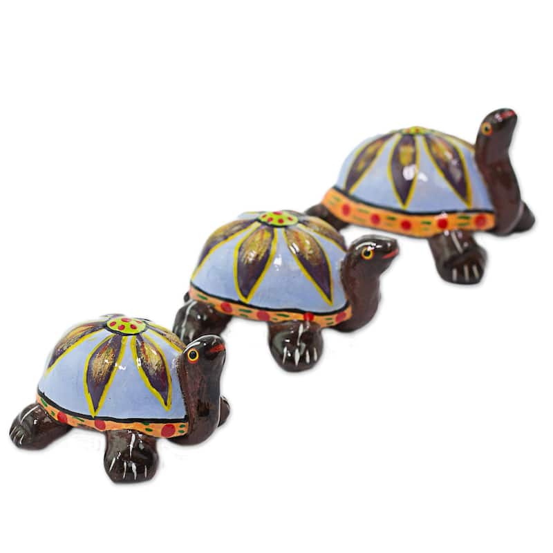 Novica Handmade Flower Turtles In Blue Ceramic Sculptures