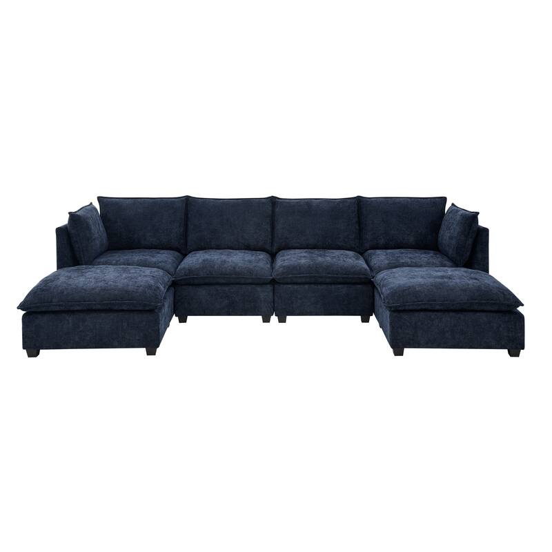 Symmetrical U-shaped Chaise Sectional Sofa with 4 Deep Seat Couch and 2 Ottomans, Double Layer Seat Cushions Chenille Sofa