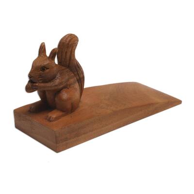 Novica Handmade Helpful Squirrel In Brown Wood Doorstop