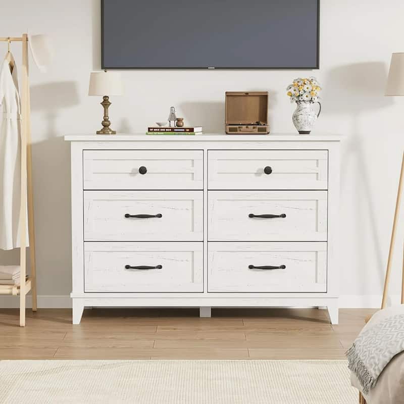 47" Wide 6-Drawer Dresser, Wooden Storage Cabinet - White
