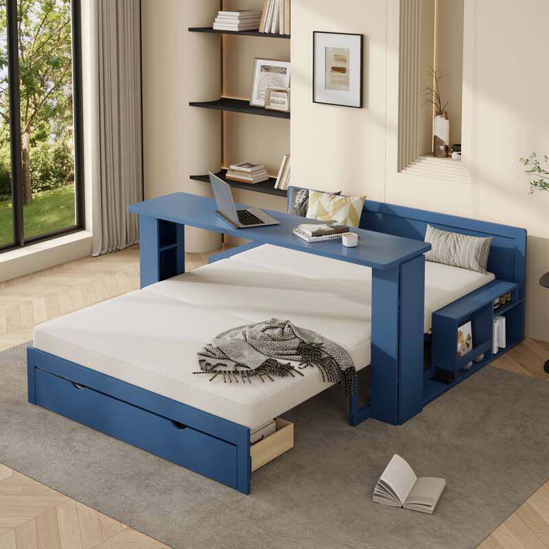 Roomfitters 4-in-1 Full Size Daybed with Desk, Storage Drawers and Hydraulic Table