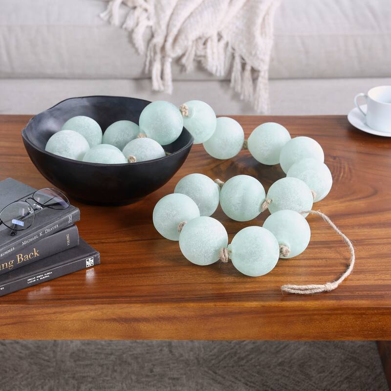 Teal Glass Handmade Round Extra Long Frosted Orb Beaded Garland with Tassel with Knotted Jute Rope