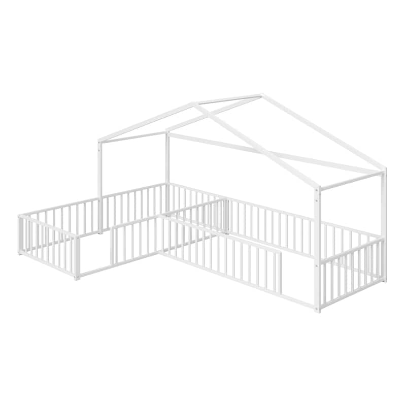 Twin Size L-shaped Corner Montessori Bed with Fence, Metal House-shaped Bed Frame, Without Slats, Floor House Bed for 2 Kids