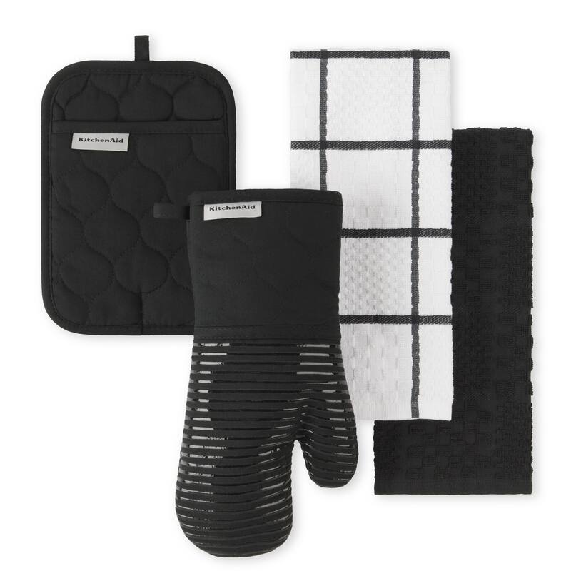 KitchenAid Onion Quilt Kitchen Towel, Oven Mitt & Potholder Set 4-Pack - Matte Black/White
