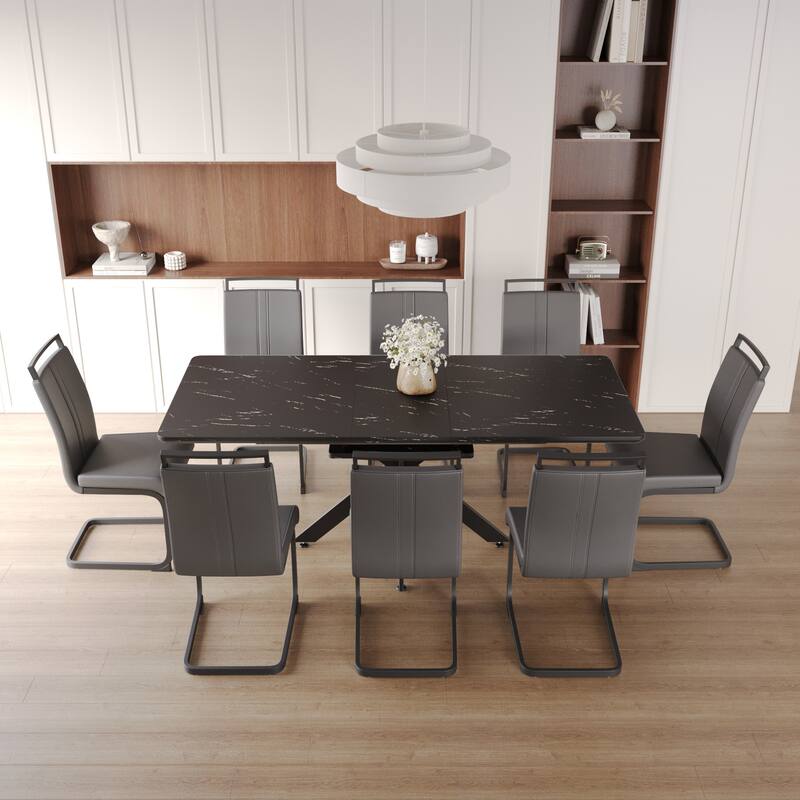Modern Dining Set with Rectangular Extendable Table & High Back C-shaped Tube Armless Chairs