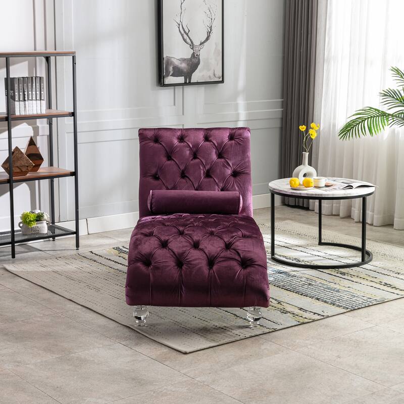 Velvet Tufted Chaise Lounge Chair Ergonomic S Shape Recliner with Pillow, Nailhead Trim and Acrylic Legs for Indoor Use