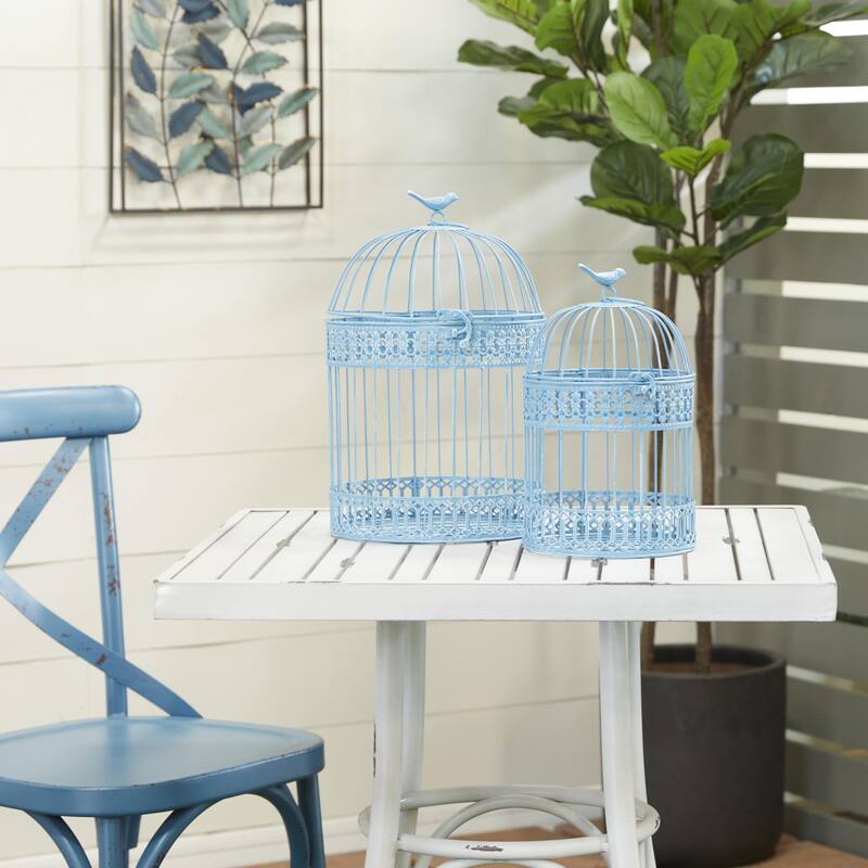 Metal Birdcage with Latch Lock Closure and Hanging Hook - Set of 2 Blue or White - Roche River Decor