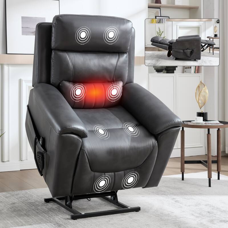 350 Lbs Leatherair Power Lift Recliner Chair, Heavy Duty Motion Mechanism With 8-Point Vibration Massage And Lumbar Heating - Grey