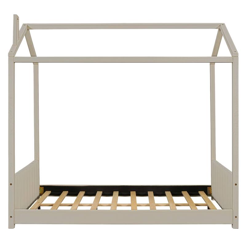Beige Full Size Velvet House Bed Frame for Kids with Roof Design & Modern Headboard, Solid Wood Construction