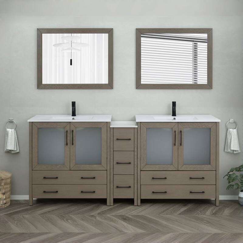 Vanity Art 84" Double Sink Bathroom Vanity Set 7 Dove-Tailed Drawers, 3 Cabinets, 2 Shelves, Soft-Closing Doors with Free Mirror - Driftwood Gray