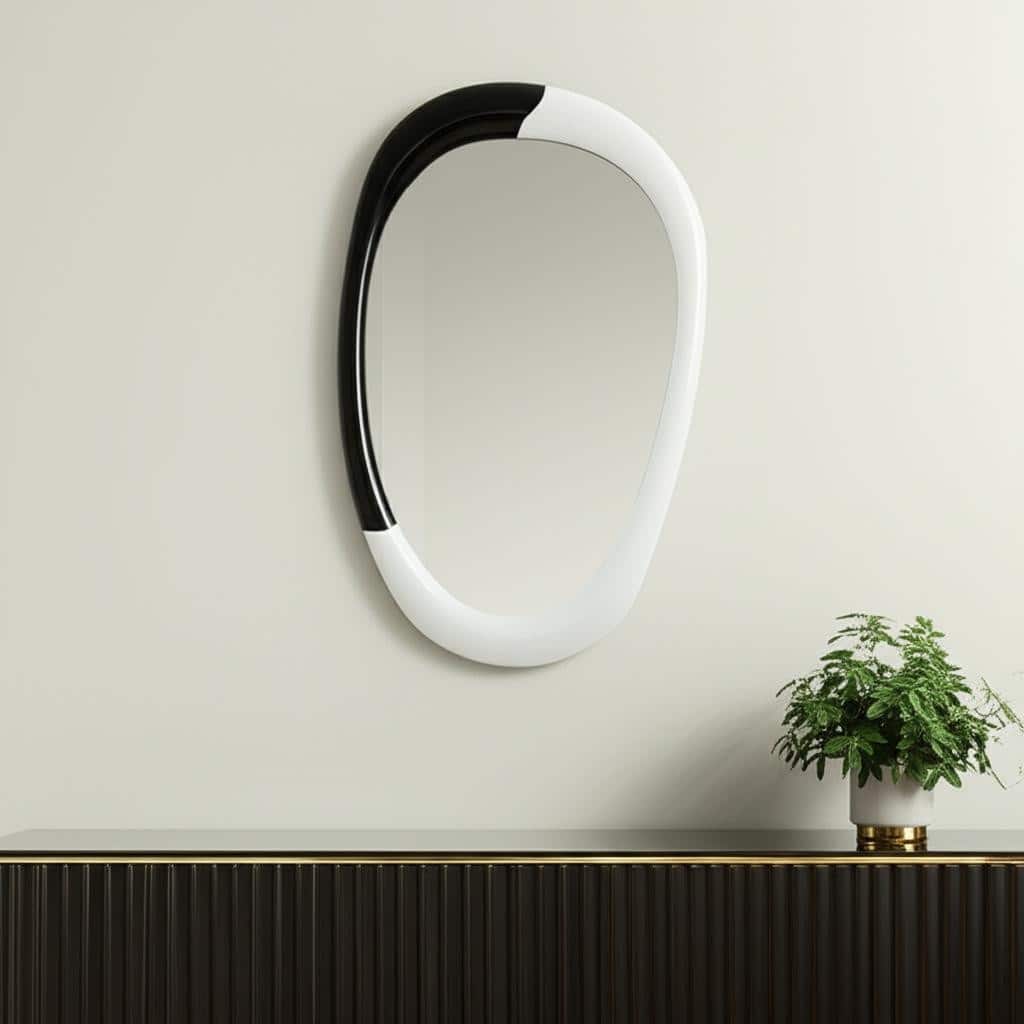 HomeRoots 31" Black And White Steel Oval Geometric Framed Accent Mirror - 20.00 in. x 31.30 in. x 2.00 in.