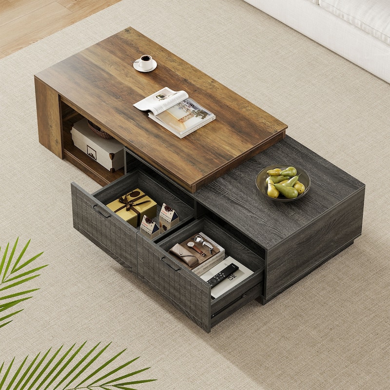 Industrial Expandable Coffee Table with Drawers for Living Room