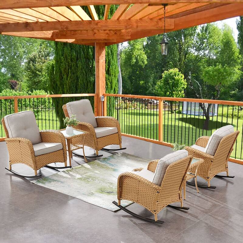 Gymojoy Ergonomic Swivel & Glider / Rocking Chair Set with Side Tables Outdoor Patio Furniture Set - 6-Piece - Rocking Chair - Yellow Wicker / Beige Cusion