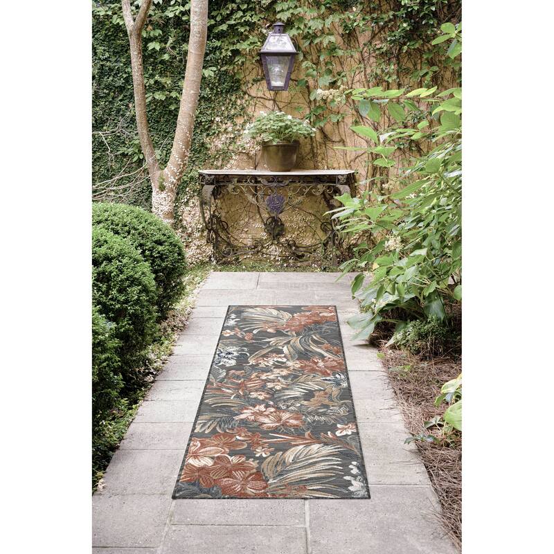 Tropicana Tropical Floral Indoor/Outdoor Area Rug - 2'2'' x 7'3'' - Black/Light Red