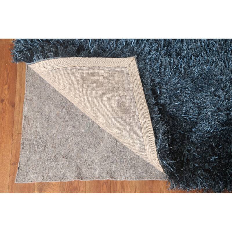 Blue Plush Shaggy Indian Area Rug Hand-Tufted Wool Carpet - 5'0" x 8'0"