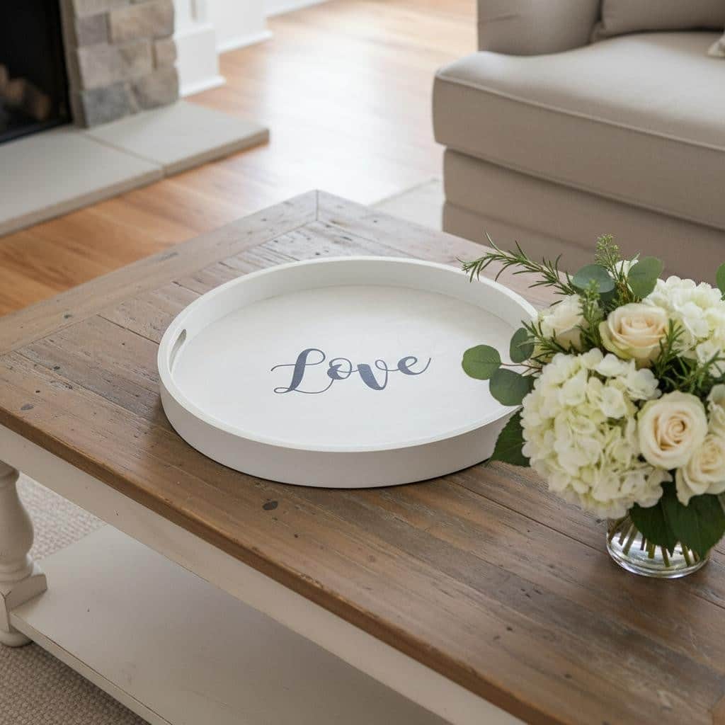 HomeRoots 14" Gray And Black Love Round Serving Tray With Handles - 13.75 in. x 1.65 in. x 13.75 in.