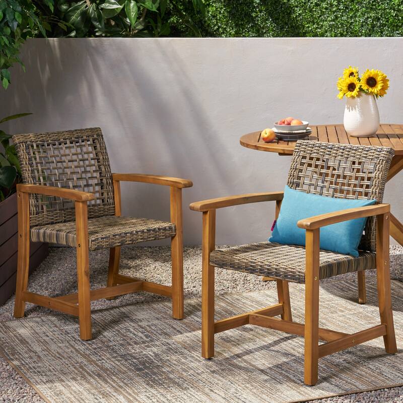 2pc Hampton Dining Chair Set Natural Stained Acacia Wood and PE Rattan Outdoor Patio Furniture 33in