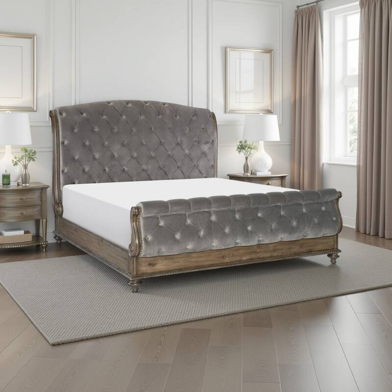Danya Queen Bed, Sleigh Style, Tufted Rolled Headboard, Nailed Gray Velvet