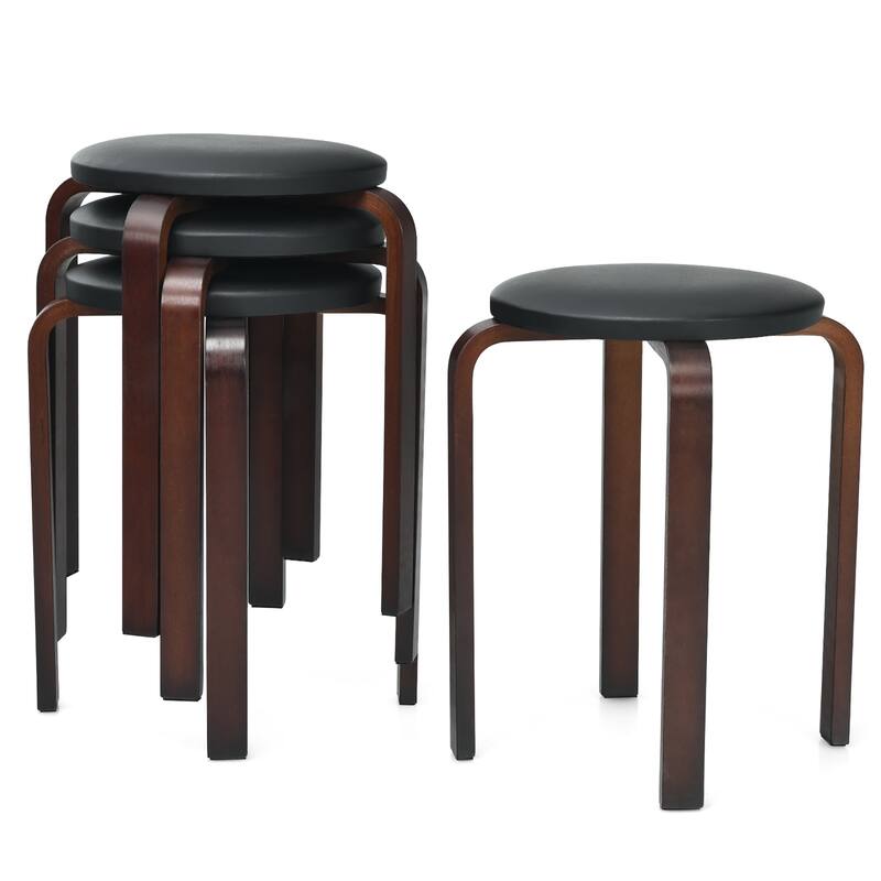 Set of 4 Bentwood Stools Backless Round Stools with Cushioned Seat