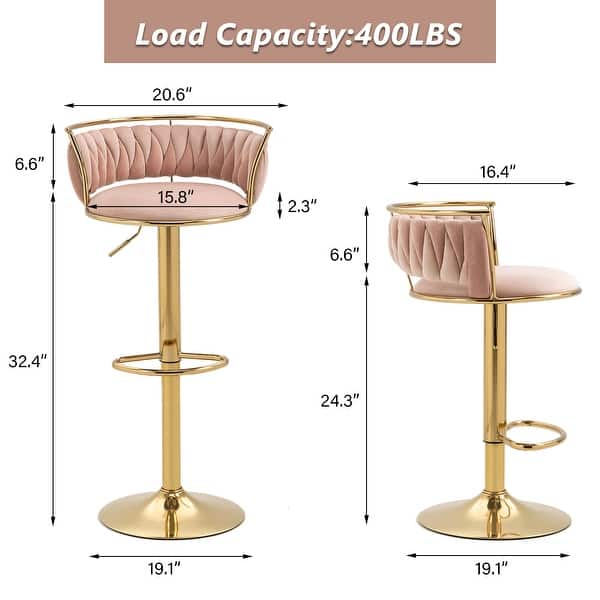 dimension image slide 21 of 24, Modern Velvet Adjustable Swivel Bar Stools Set of 2