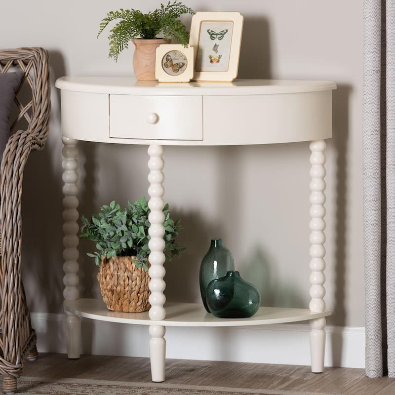 Raynera Bobbin-Leg Demilune Console Table - Half-Moon Accent Table with 1 Drawer and Open Shelf, Cottage Farmhouse Style