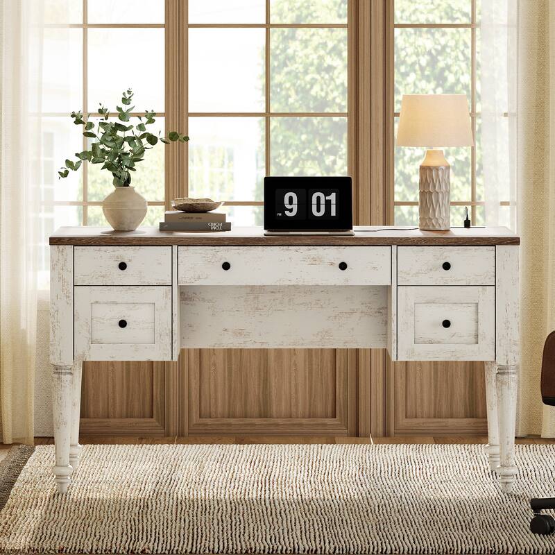 56'' Farmhouse Executive Desk with Drawers White/Oak - 5 Drawers and 2 Doors