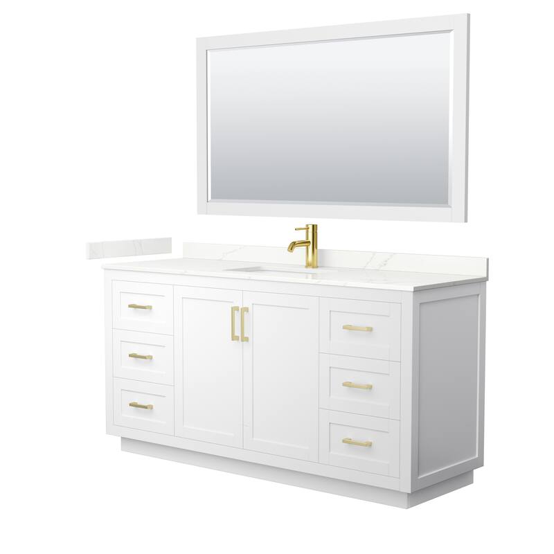 Miranda 66-inch Single Vanity, Quartz Top, 58-inch Mirror - White, Gold Trim, Giotto Quartz Top