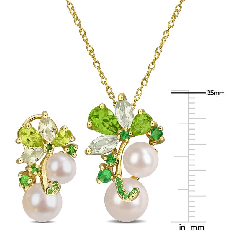 Miadora Sterling Silver Cultured Freshwater Pearl and Gemstone Necklace and Earring Set