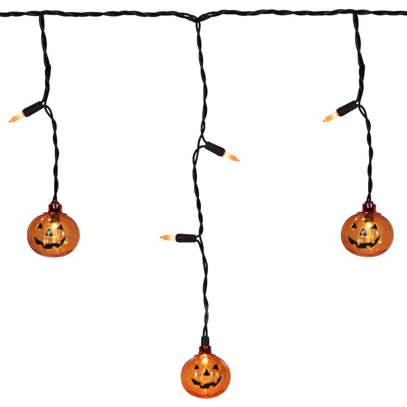 LED Lighted Pumpkin Halloween Curtain Icicle Lights - Orange - 5.25' Black Wire - 25ct