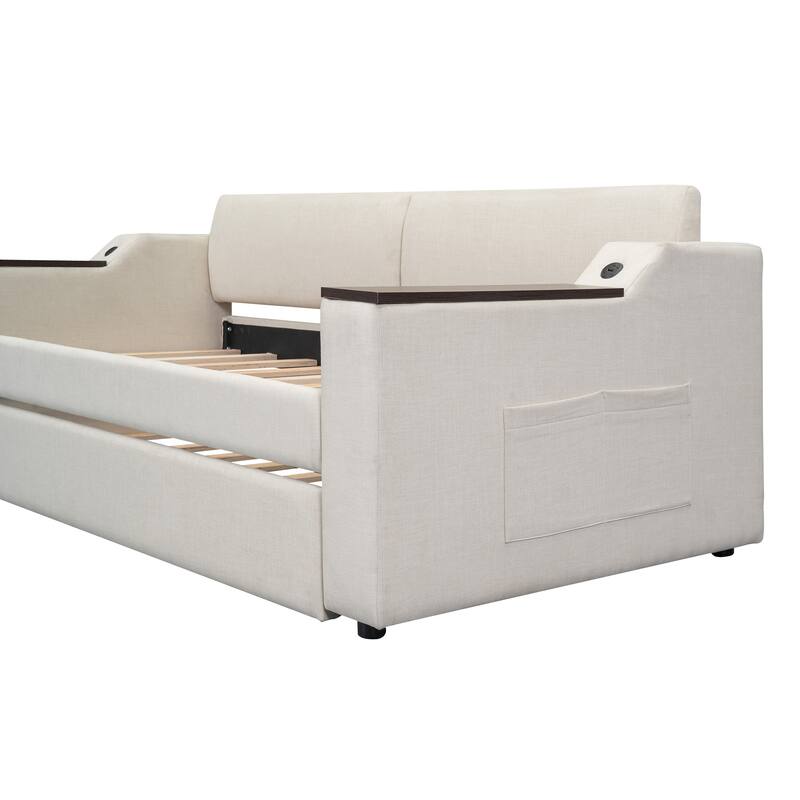 Beige Twin Size Upholstered Daybed with Pull-Out Trundle, Built-In USB Ports & Storage Armrests, Modern Sofa Bed