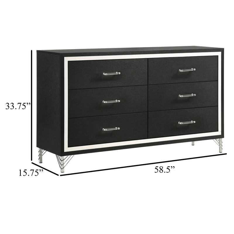 Jenny Wide Dresser, 6 Drawers and Chrome Accents, Modern Black Tone
