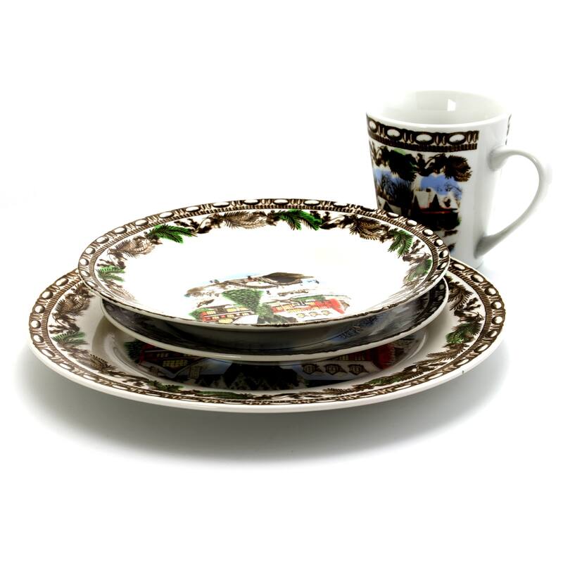 Christmas Time Winter Cabin Dinnerware Set 16 Pieces
