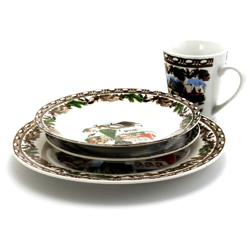 Christmas Time Winter Cabin Dinnerware Set 16 Pieces - Bed Bath ...