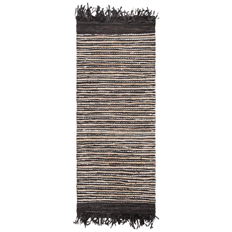 SAFAVIEH Handmade Vintage Boho Leather Zhanna Modern Stripe Leather Rug with Fringe - 2'3" x 9' Runner - Dark Brown/Multi