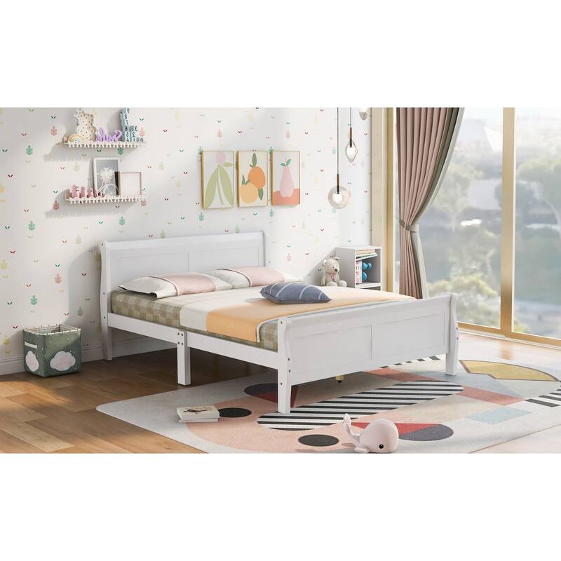 White Full Size Wood Platform Bed with Headboard and Wooden Slat Support