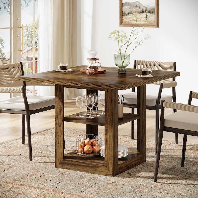 Square Dining Table with 2-Tier Storage Shelf