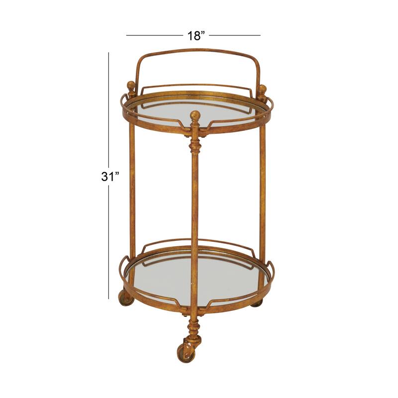 Metal Rolling 2 Mirrored Shelves Bar Cart with Wheels and Handle - Brass - Roche River Decor - 18"W x 19"L x 31"H