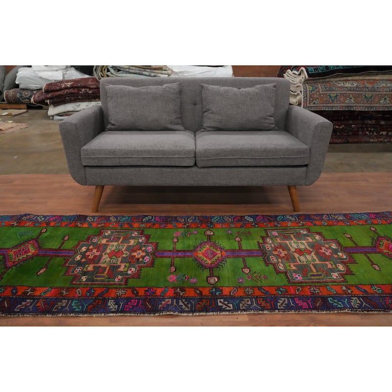 Hand Knotted Oriental 100% Wool Carpet Traditional Geometric Green Hamedan Runner Rug - 10' 3'' X 3' 0''