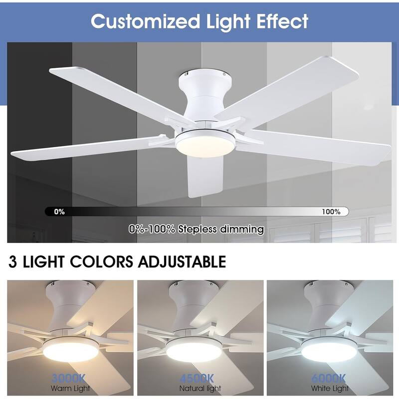 46"/52" Inches Flush Mount Modern Quiet Ceiling Fan with Light and Remote,5 Blades,for Living room,Bedroom
