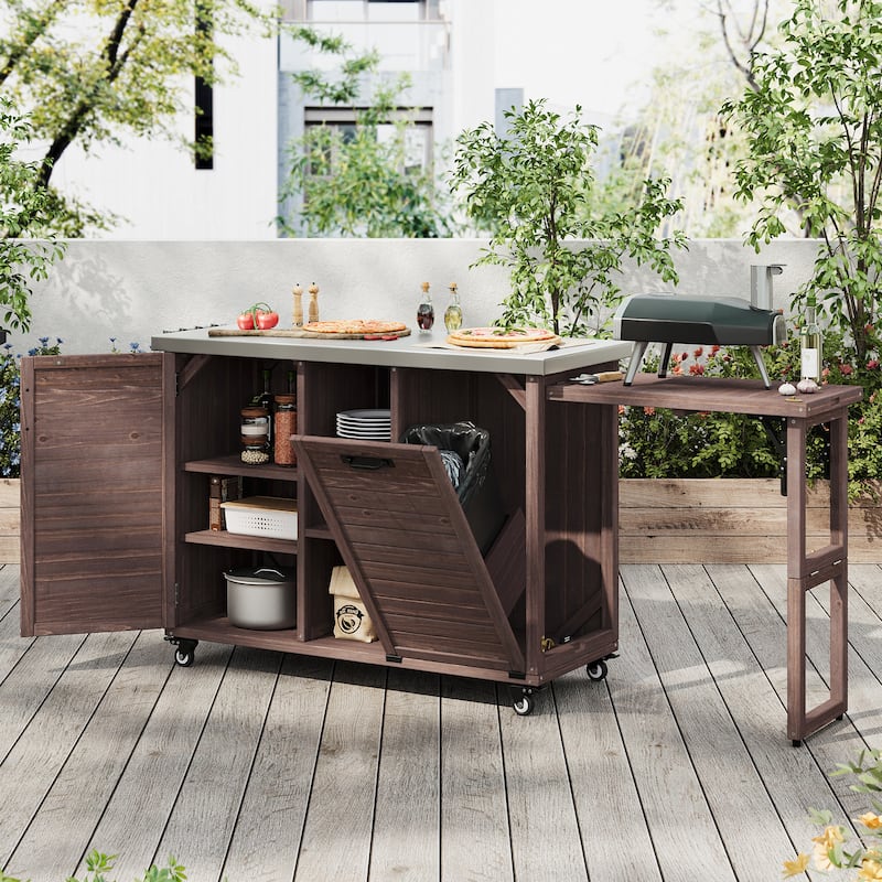 78.3" Outdoor Kitchen Island with Foldable Grill Table, Wooden Outdoor Grill Cart, Bar Cart, Pizza Oven Table for Lawn & Garden