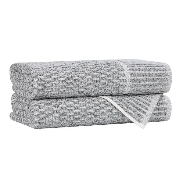 Blue Nile Mills Cotton Blend Medium Weight Checkered Border Bath Towels, Set of 2 - Green