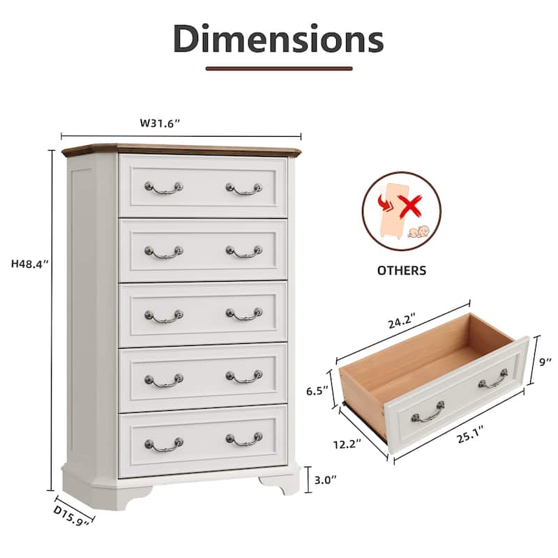 Vintage 5 Drawers Dresser, Bedroom Storage Cabinet, Dressers Organizer