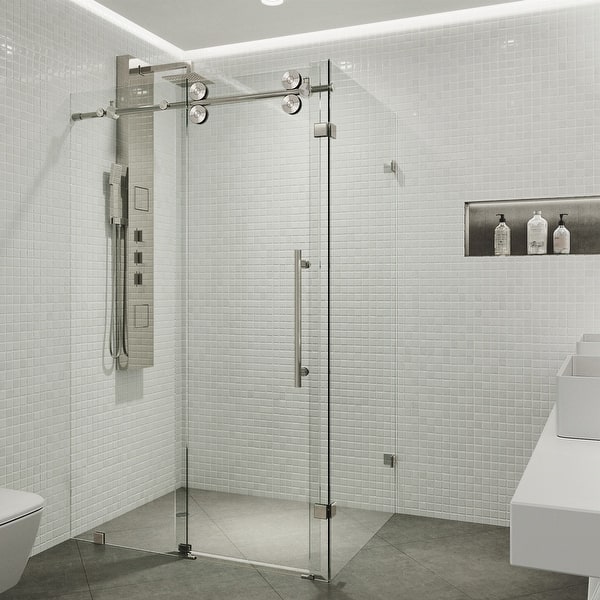 slide 2 of 10, VIGO Winslow Frameless Sliding Shower Enclosure 35"D x 58"W x 74"H - Stainless Steel