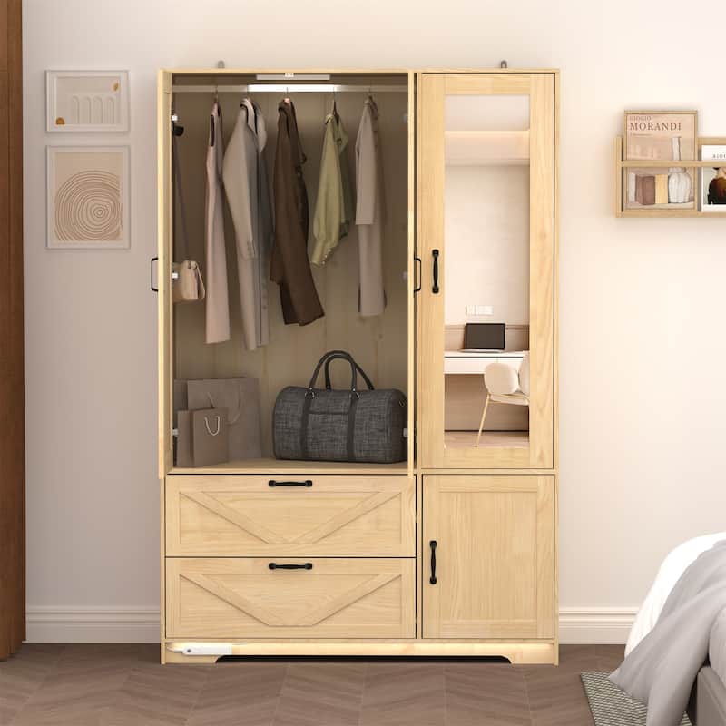 4-Door Wardrobe with LED Lights, Mirror, and 2 Drawers