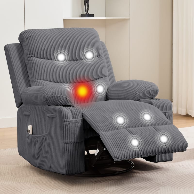 Swivel Rocker Recliner Chair with Massage and Heat, Oversized Reclining Sofa - Corduroy Gray