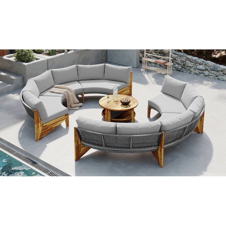 Outdoor 12-Seater Acacia Round Sectional Sofa Set with Coffee Table